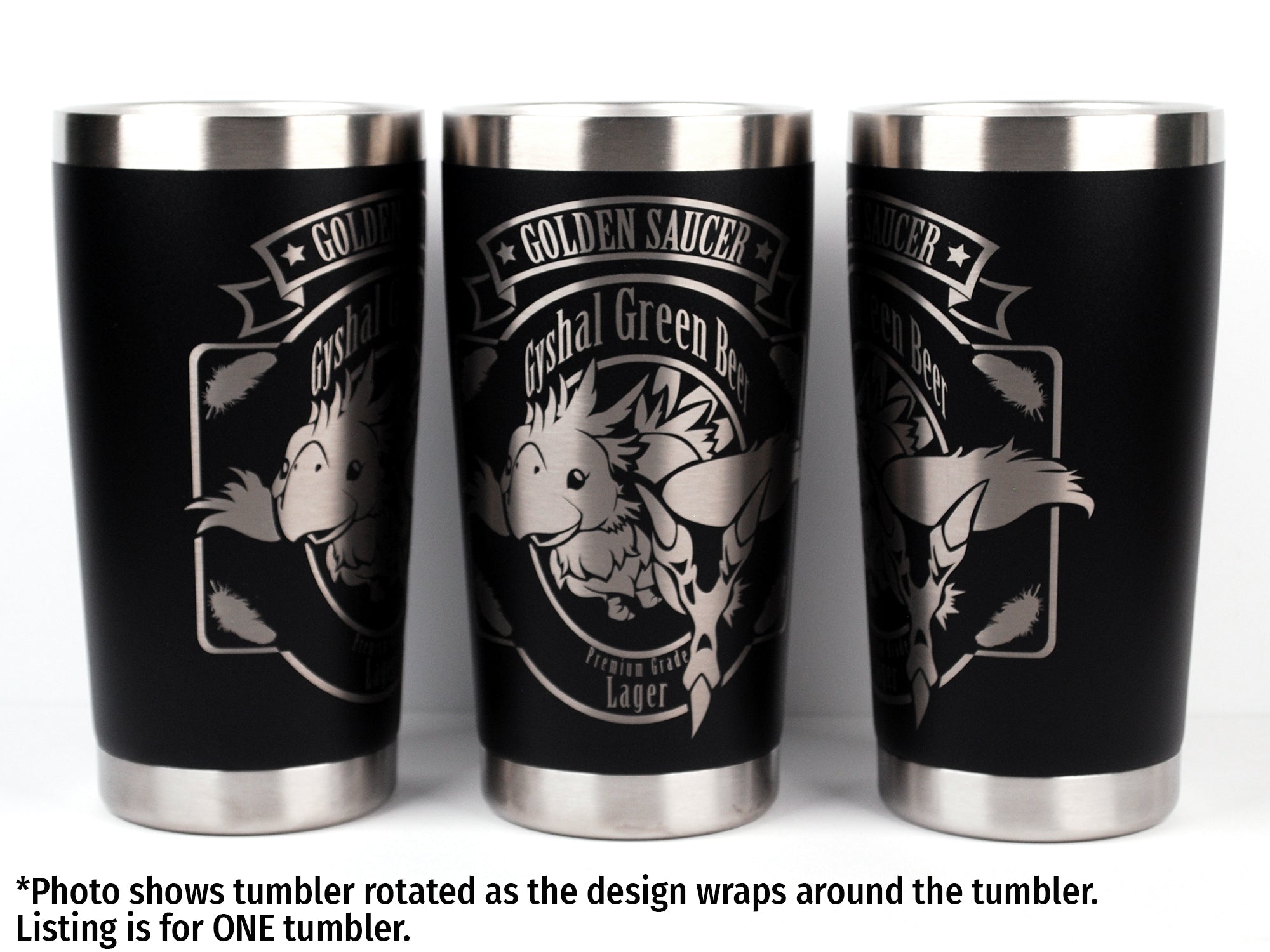 Gold Saucer Chocobo from Final Fantasy Laser Engraved Pint Glass, Flask, or Tumbler