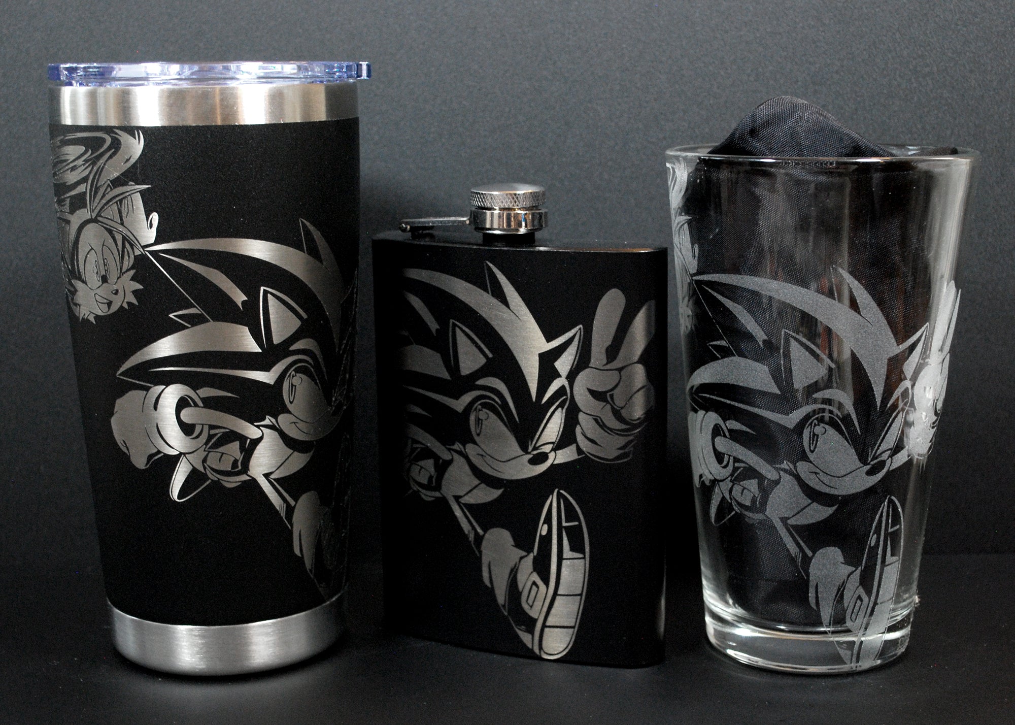 Sonic and Tails Laser Engraved Pint Glass, Flask, or Tumbler